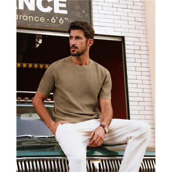 Mens Knit Crewneck T Shirt Short Sleeve Casual Textured Pullover Slim Fit - Picture 2 of 6